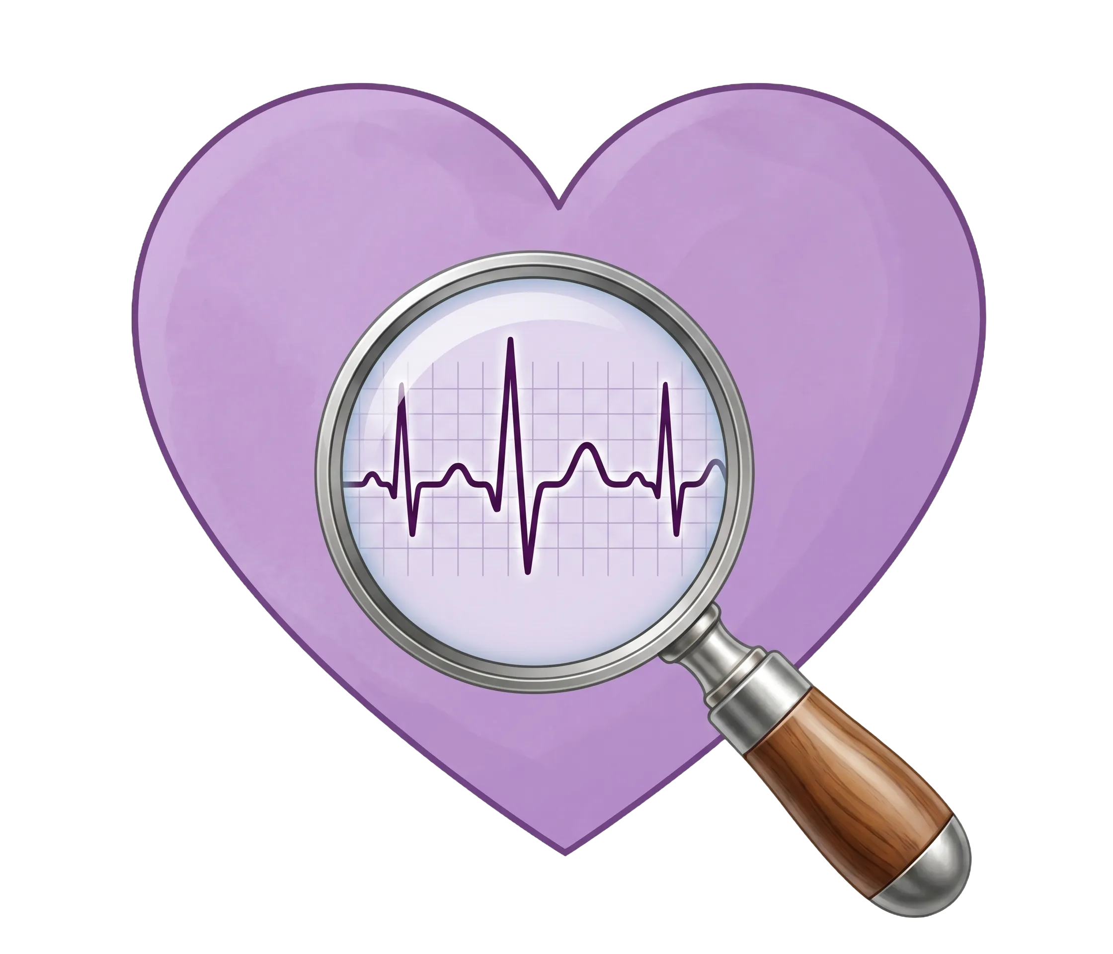 Heart with magnifying glass over an ECG trace
