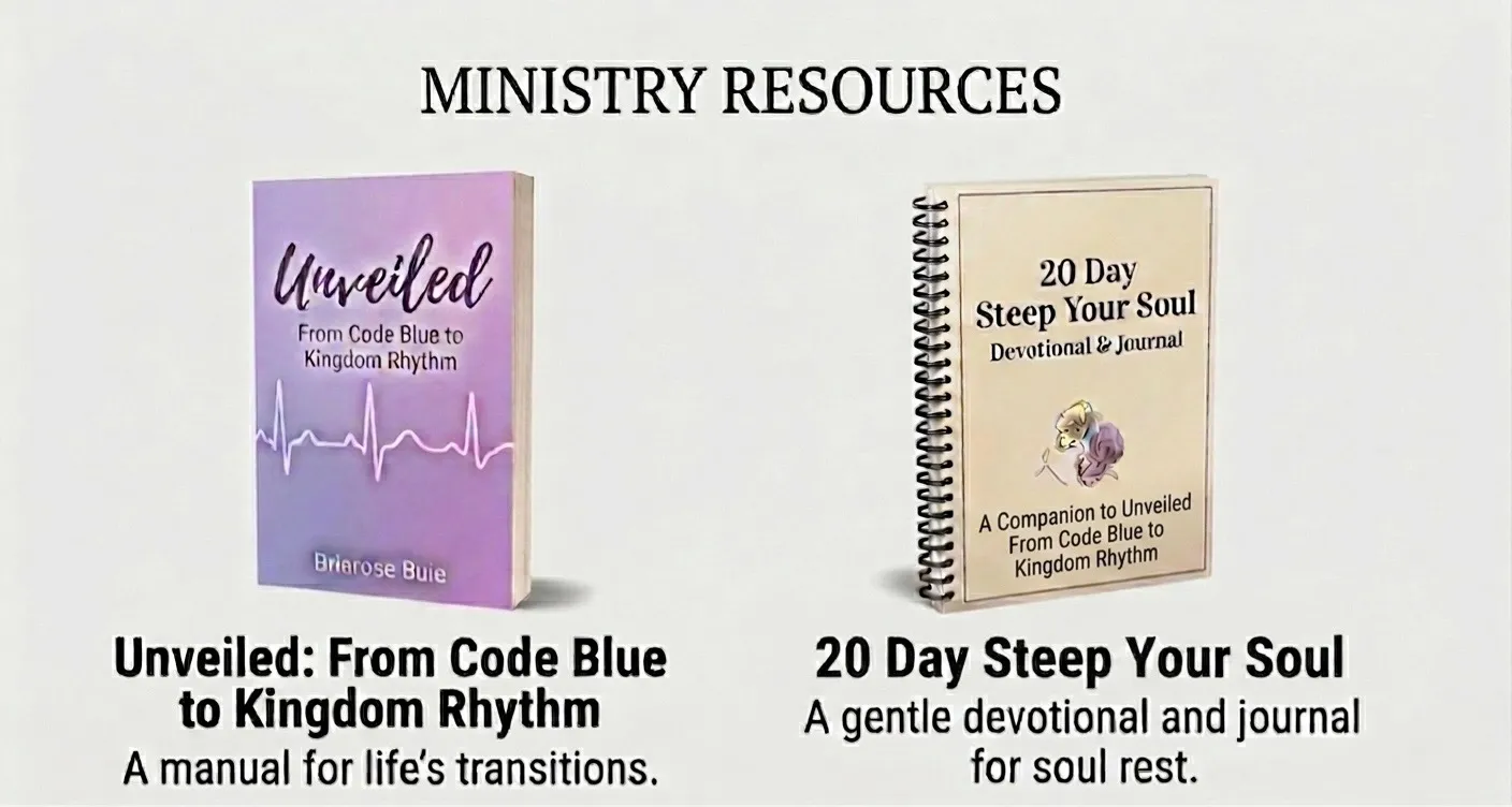 Unveiled — From Code Blue to Kingdom Rhythm book and 20 Day Steep Your Soul devotional journal displayed side by side